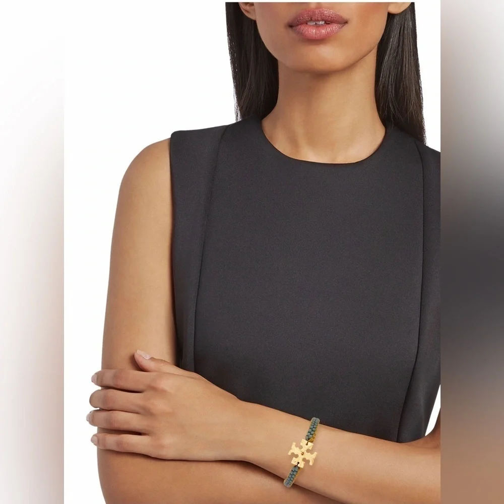 NWT Tory Burch Authentic Roxanne Goldtone & Green Yellow Leather Woven Bracelet
